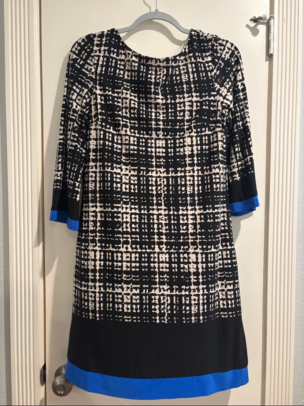 Eliza J Black and White Printed Midi Dress with Blue Trim